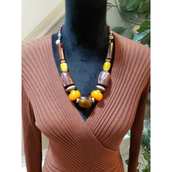 Forever 21 Fit & Flare Dress Women's Size OX Brown Rayon Ribbed Knit Long Sleeve - Picture 5 of 13